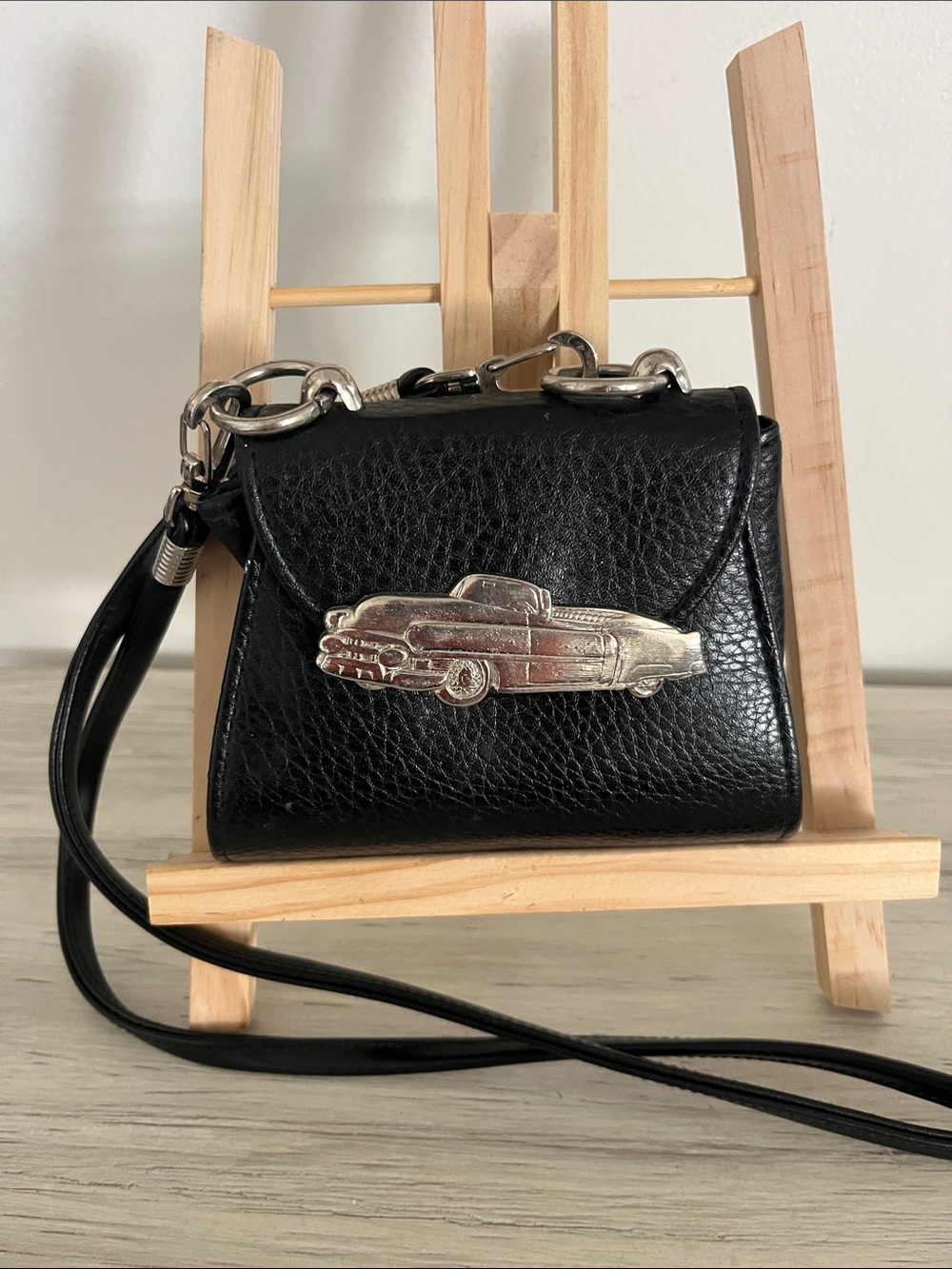 Black Mini Crossbody Bag with Silver Car Accent
